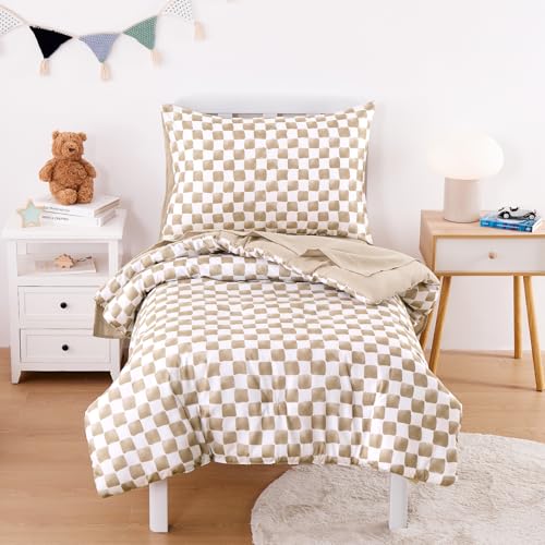 Wake In Cloud - Toddler Bedding Set for Boys Girls Cute Gingham Grid Checkered 4 Pieces Soft Crib Bed Set Including Comforter Sheets and Pillowcase Brown White