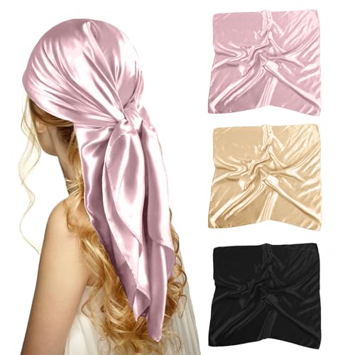 ZMC 3PCS Satin Square Head Scarf, 35’’ Hair Silk Scarves Solid Color Large Satin Hair Scarves Bandanas Square Silk Hair Wrap