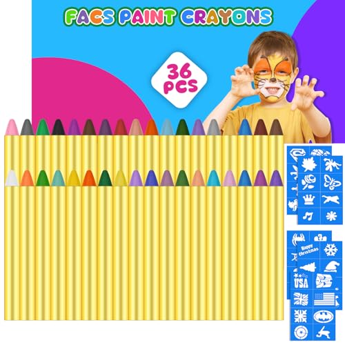 Beugo Pintura facial e corporal, 36 cores rayões de pintura facial crianças de segurança não tóxica, rayões de maquilhagem e 30 modelos, para crianças Halloween festas cosplay Páscoa