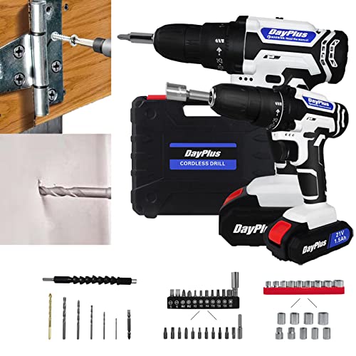Akkubohrer mit einstellbarer Geschwindigkeit - Elektrische Bohrmaschine mit Positiv- und Rückwärtsgang, 21V-Bohrmaschine mit LED-Licht, zum Bohren von Holz und Eisen (29 Elektroschrauber-Zubehör-Set)