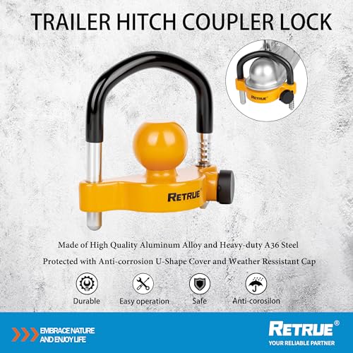 Image of RETRUE Universal Trailer Ball Lock Hitch Coupler Locks Fits 1-7 /8 Inch, 2 Inch, 2-5 /16 Inch Couplers Adjustable Security with Weatherproof Cover and Cap, Yellow