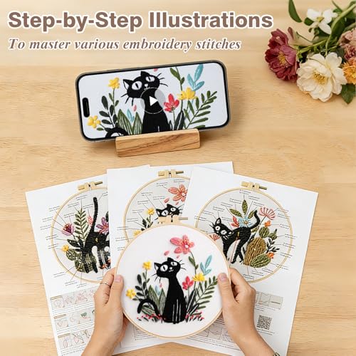 Image of RidaaFri Embroidery Kit for Beginners Set of 3, DIY Hand Stamped Embroidery Kits for Adults and Starts with Cute Cat and Plants Patterns, Hoop, Needle, Threads and Instructions