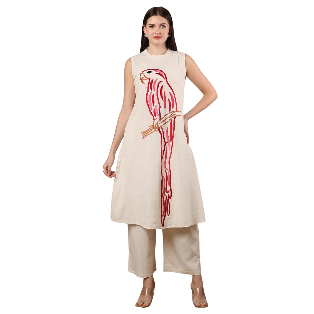 Women's Cream Color Khadi Cotton Kurti with Traditional Dancer Doll Embrodery Work, V-Neck, 3/4 Sleeves, Casual Wear Kurta Set