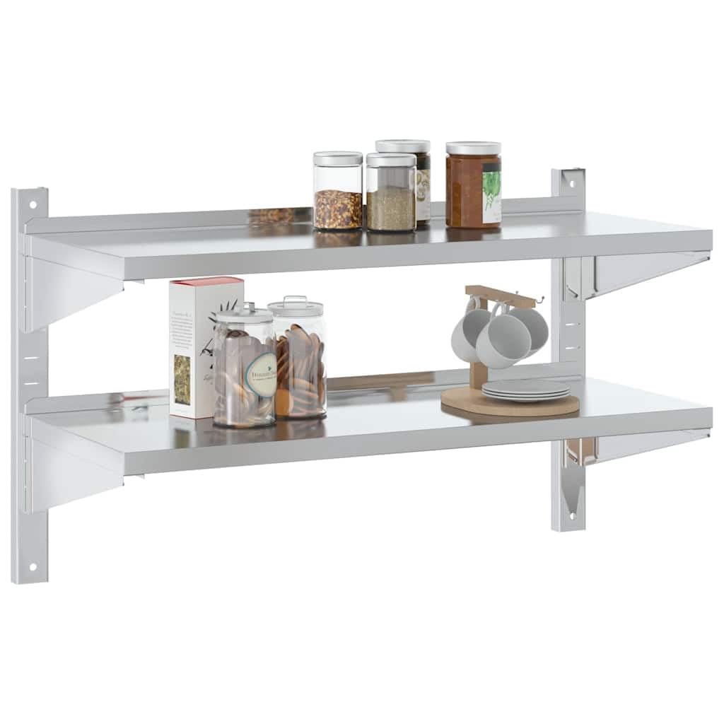 Estantería de pared de acero inoxidable con 2 estantes, 100 x 40 x 60 cm, resistente para cocina, garaje y laboratorio, soporta hasta 60 kg, estante flotante con borde elevado y accesorios de