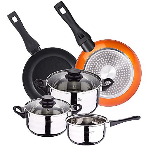 San Ignacio 5 Piece Stainless Steel Kitchen Battery with Neon Frying Pan Set (8") in Forged Aluminum Suitable for Induction