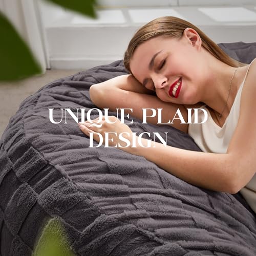 Image of Hobestluk Adults Bean Bag Chair 5FT Big BeanBag Chair Giant Large Oversized | Memory Foam,Washable Cover,Unique Fluffy Plaid,Comfy Bean Bag with Filler Lounging Gaming Bedroom Living Room | Dark Grey 5FT