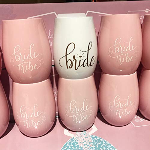 Wedding-Time Party Xclusive Stemless Wine Cups 1 Bride and 9 Bride Tribe bachelorette plastic glasses bridesmaid maid of honor (Set of 10) (Pink)
