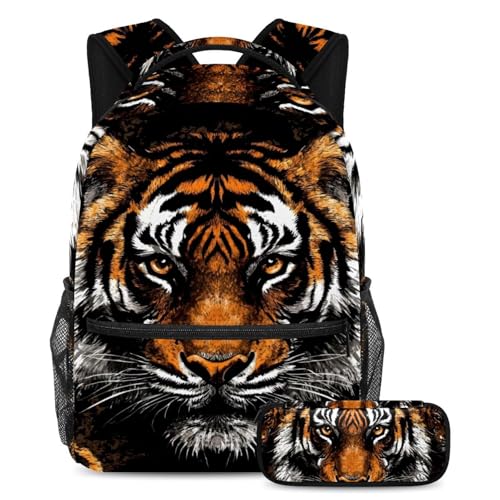 Sac à dos tigre sauvage vintage grand format avec trousse scolaire pour étudiant
