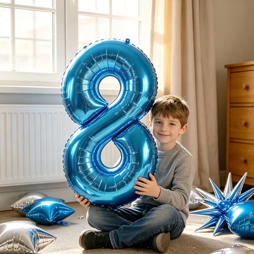 Image of TONIFUL 8th Birthday Balloons Kit 40 Inch Blue Large Number 8 Foil Balloon
