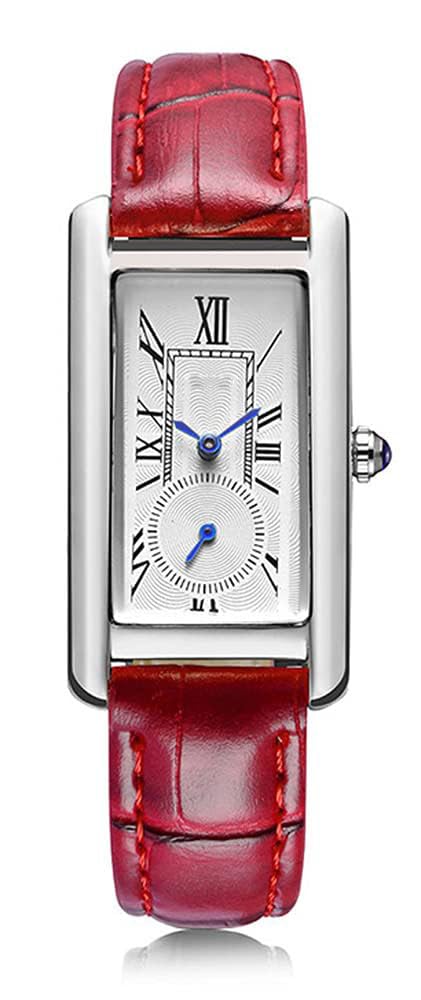 Women Quartz Watch Lady Stylish Rectangle Dress Watch with Leather Strap and Blue Crystal Crown