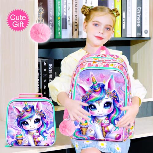 Image of AGSDON 3PCS Unicorn Backpack for Girls, 16 inch Kids Backpacks for Girl Water Resistant Preschool, Elementary Bookbag with Lunch Box
