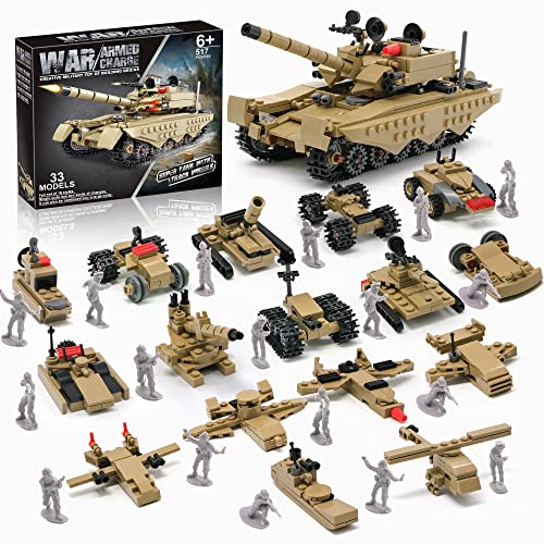 Army Tank Toy Building Blocks Set Compatible with Lego, Create a Armored Tank or 16 Small Military Models, with Toy Soldiers, Great Army Men Toys Gifts for Boys Kids and Teens Age 6+ Year Old