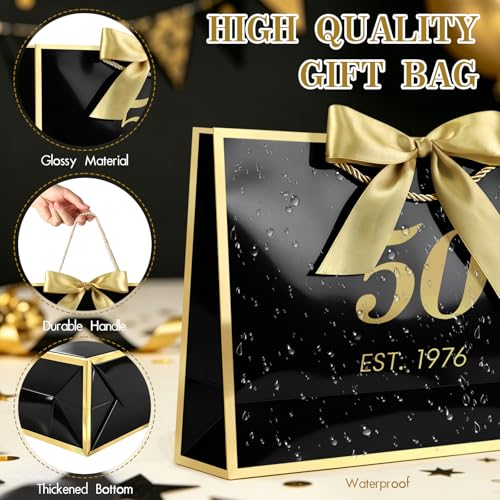 Image of JMANNI 50th Birthday Gift Bag with Card and Tissue Paper for Men Women Him, 14.2 inch Elegant Black Gold Anniversary Keepsake Party Present Shopping Paper Bags for Gifts Wrapping (EST.1976 /Black /Large)