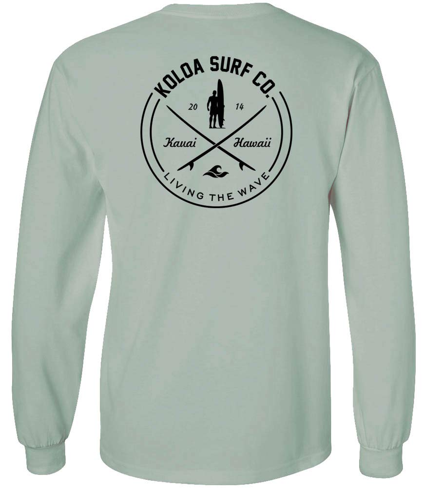Joe's USA Koloa Surf Men's Looking for Waves Logo Long Sleeve Cotton T-Shirt, Stone Green, Medium