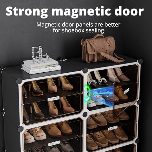 Image of MAGINELS 8-Tier Shoe Rack,Expandable Plastic Shoe Cabinet. Shoe Storage with Door,Entryway, Closets, Hallway, and Bedroom.Accommodates Up to 48 Pairs of Shoes.Grey (3 by 8)