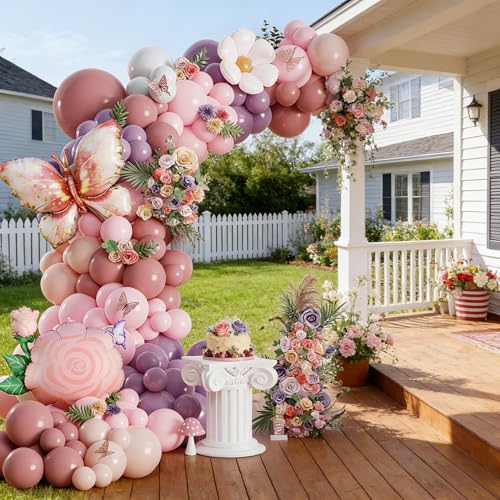 Image of Spring Butterfly Birthday Party Decorations, 154Pcs Daisy Flower Pink Purple Balloons Arch Garland Kit with Butterfly Foil Balloons for Baby Shower Garden Tea Party Wedding Supplies