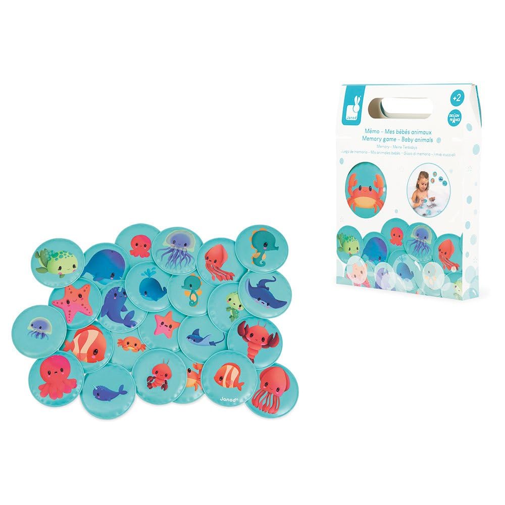 Janod - Gioco di Memoria Cuccioli - Gioco da Bagno - 24 Pezzi Galleggianti - Gioco di Memoria per Bambini - Giocattolo Evolutivo - dai 24 Mesi, J04723