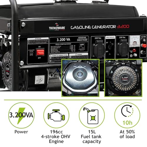 Tecnoware Power Systems - Generatore Di Corrente A Benzina, Monofase 230 Vac 50 Hz, Potenza 3200 Va, 2 Prese Schuko 16A, Serbatoio 15 L, Motore 4 Tempi, Avr Stabilizzato, Nero - 2