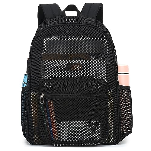 Fuyicat Black Mesh Backpack for Girls, Semi-Transparent School Bookbag See Through Beach Bags for Kids Women2