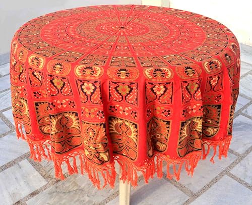 Image of Dining Round Tablecloth, Red, 75 inch, 4-6 Seater, RHF-5008 | 100% Cotton, Multicolor Floral Bird Printed, White Fringed Lace Border