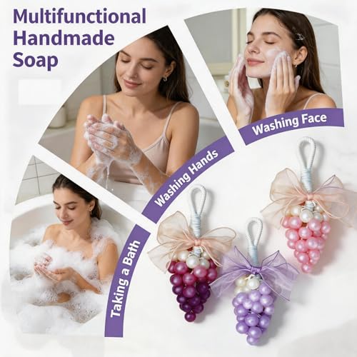 Image of Colorful Grape Soap on Rope Cute Shaped Handwashing Grapes Soap Bar, Novelty Hanging Fruit Soap for Bathroom Decor,Fun Gift Handmade Soap