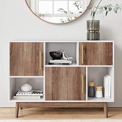 Nathan James Theo 6-Shelf Tall Bookcase, Wall Mount Bookshelf, Rustic Oak/White & Ellipse Multipurpose Storage Cabinet, Entryway Modern Buffet Or Kitchen Sideboard With Glam Gold Brass Accent, White #TOP5