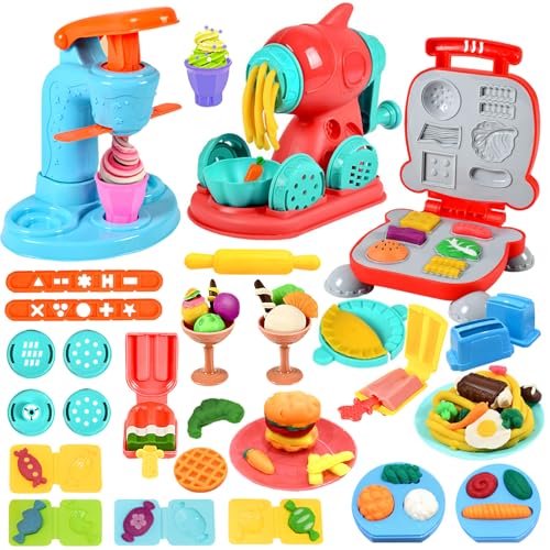 Crelloci 3 in 1 Play Color Dough Kitchen Creations Set Ice Cream Noodle Hamburger Maker Machine Art Crafts Food Toys Modelling Clay Set Deluxe Dough Tools Kit for Kids Ages 3+ (12 Colors Dough)