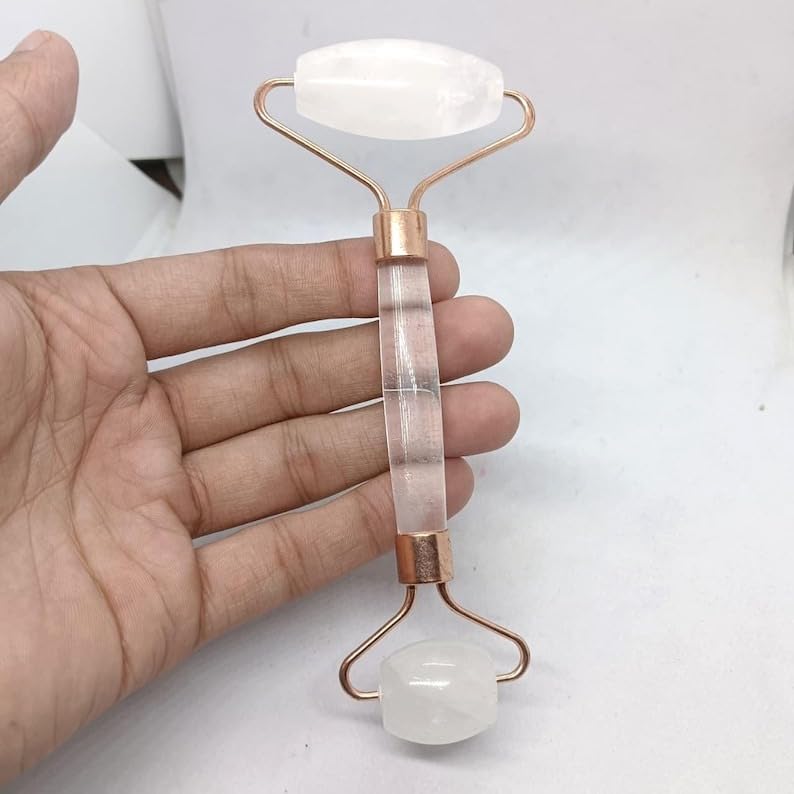 Selenite Crystal Facial Roller with Rose Gold Handle, Natural White Stone Beauty Massage Tool for Skincare, Stress Relief, Healing Energy