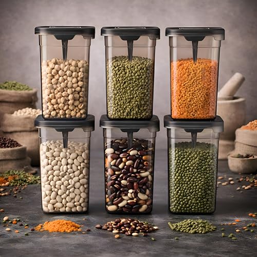 Image of HomeWiz Airtight Kitchen Storage Box 1100ml Pack of 6 with Spoon | Food Grade BPA-Free Kitchen Jars | Storage & Containers Set | Container Set for Pulses | Unbreakable Plastic Container Set|Multi-Use