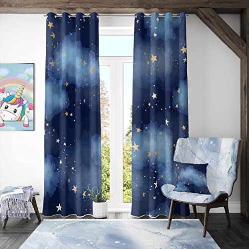 Image of Llylumty Kids Blackout Curtains for Bedroom,Starry Night Scenery Curtains Blue Night Sky Stars Gromment Drapes for Boys Living Room 42x84in,2 Panel Set
