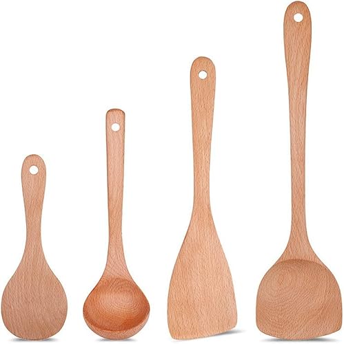 Miniatura 1 de LMMDP - Juego de 4 piezas de pala de madera antiadherente, espátula especial sin pintar, pala de cocina, pala de arroz, cuchara de sopa, utensilios
