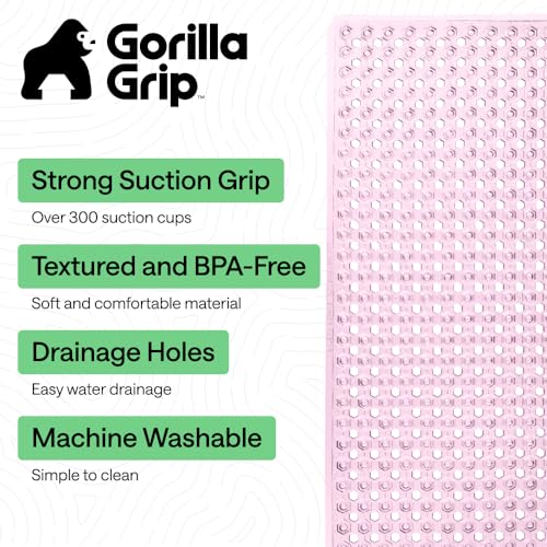 Image of GORILLA GRIP Patented Bath Tub Shower Mat, Machine Washable Bathtub Floor Liner Mats, Suction Cups and Drain Holes to Keep Tubs Clean, Soft on Feet, Bathroom Essentials, 35x16 Inch, Clear Light Pink