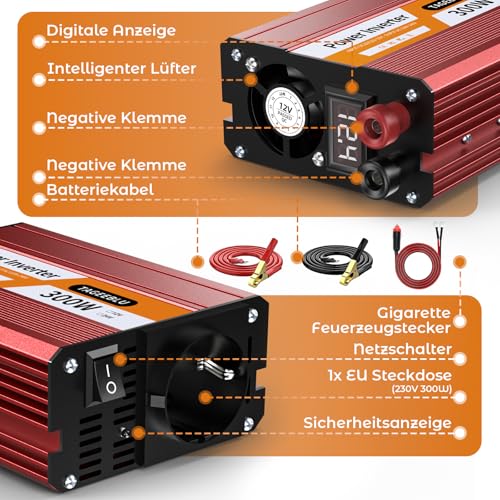 TAGEEBLU 300W Auto Wechselrichter, Spannungswandler DC 12V auf 230V AC mit 1 Steckdosen, Aufladen KFZ Ladegerät mit Zigarettenanzünderstecker