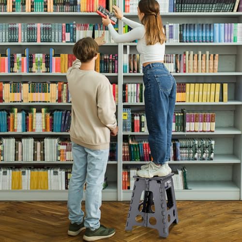 Image of Delxo 16 Inch Folding Step Stool,Foldable Stool for Adults with Safety Lock,Portable Collapsible Plastic Stepstool,Non Slip Folding Stools for Kitchen Bathroom Bedroom Up to 400LBS,(Dark Grey 1PC)