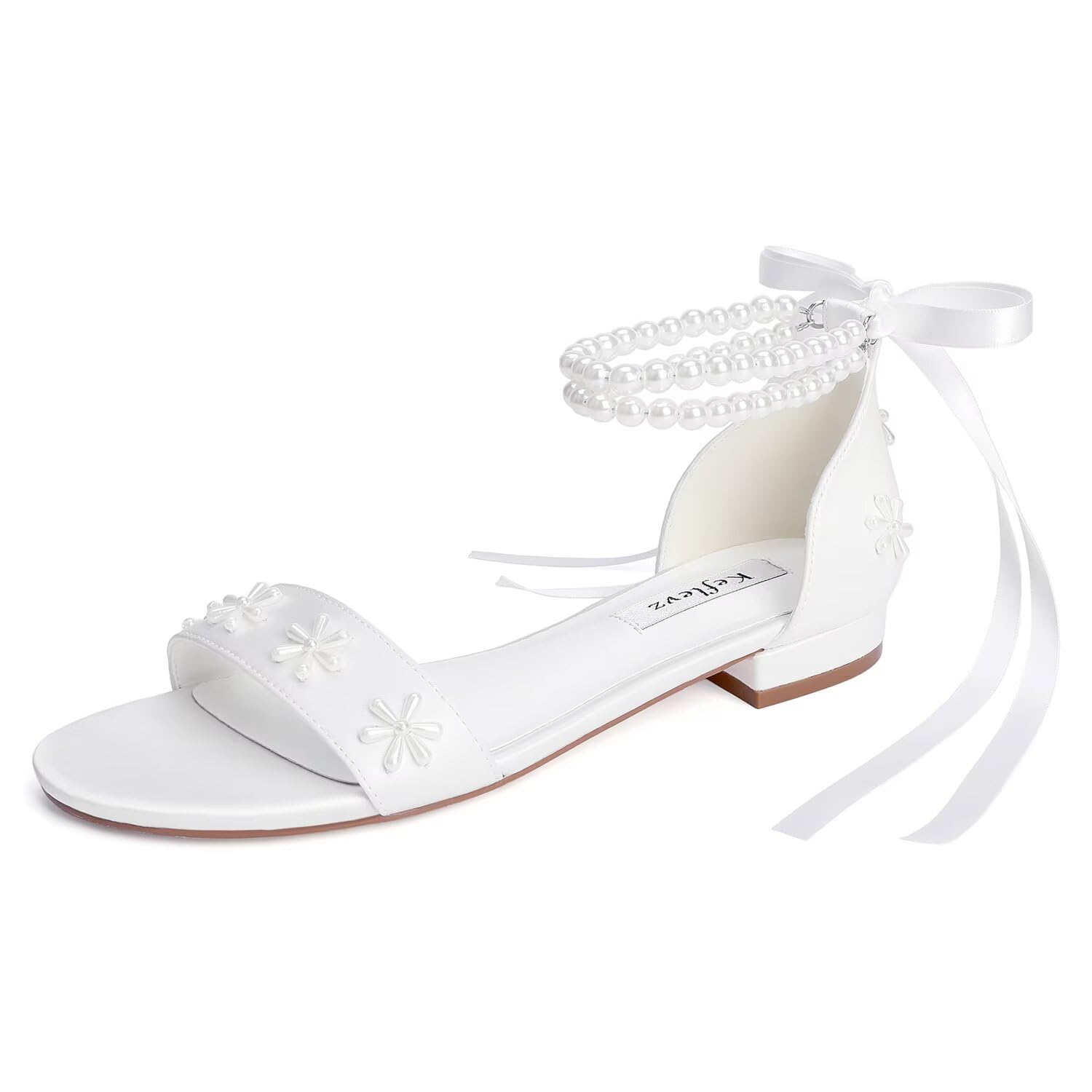 keflevz White Wedding Flats Pearl Sandals Open Toe Bridal Flats Wedding Shoes for Bride
