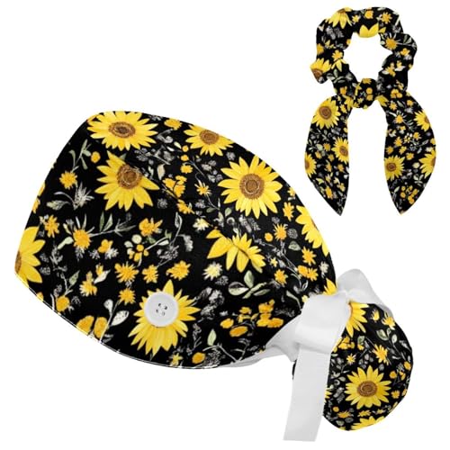 Anna Cowper Adjustable Working Cap with Button Sweatband, Sunflowers Bees Elastic Tie Back Hats