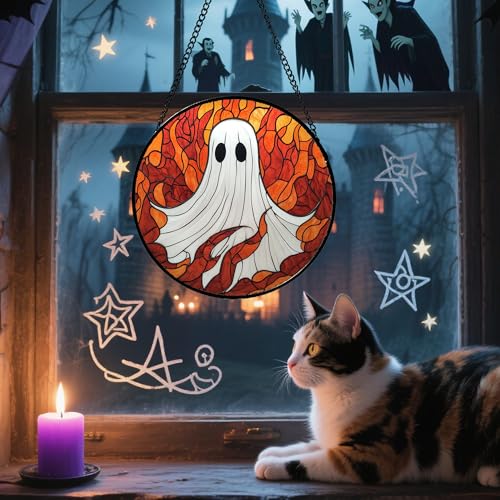 Image of Stained Glass Window Hanging - Halloween Decorations White Ghost Orange Sky Suncatcher for Doors Garden Funny Spooky Sun Catchers Gothic Decor Horror Gifts for Women Men Friend Boy 6.3 in