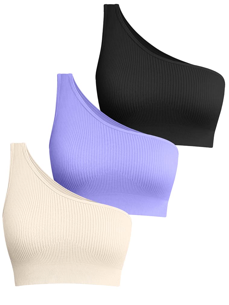 OQQ Women's 3 Piece Medium Support Crop Top One Shoulder Ribbed Seamless Removable Cups Workout Exercise Sport Bra