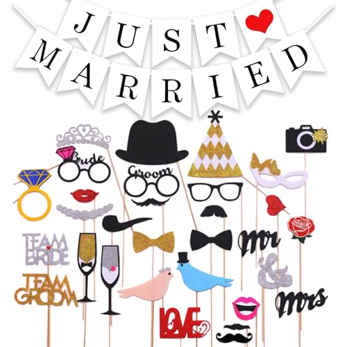 32 Stück Hochzeit Fotorequisiten, Fotobox Accessoires, Wedding Decoratio, Party Foto Booth Requisiten Dekoration für Wedding Partydeko Geburtstag