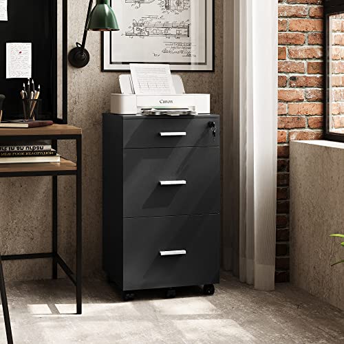 Devaise 3 Drawer Rolling File Cabinet With Lock, Wood Filing Cabinet Fits Letter / A4 Size For Home Office, Black #TOP6
