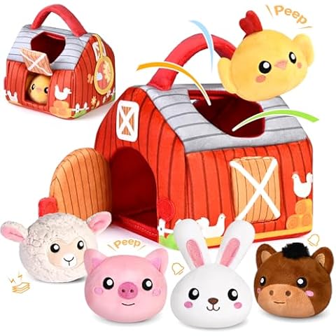 KMUYSL Baby Toys 0-6 6-12 Months, Plush Big Red Barn with Farm Animals, Soft Sensory Toys with Crinkle, Rattles for 0-3-6-9-12 Month Newborn Infant, Christmas Easter Birthday Gifts for Baby Boys Girls Cover