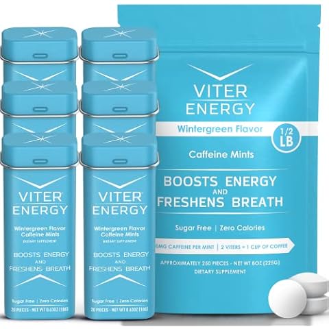 Viter Energy Original Caffeine Mints Wintergreen Flavor 6 Pack and 1/2 Pound Bulk Bag Bundle - 40mg Caffeine, B Vitamins, Sugar Free, Vegan, Powerful Energy Booster for Focus and Alertness Cover