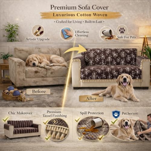 Image of STITCHNEST Woven Fabric Sofa Cover 2 Seater with 2 Hand Rest Covers - Washable Brown Sofa Cover with Tassels - Durable Premium Fabric - Stylish Sofa Protector for Living Room & Furniture Decor