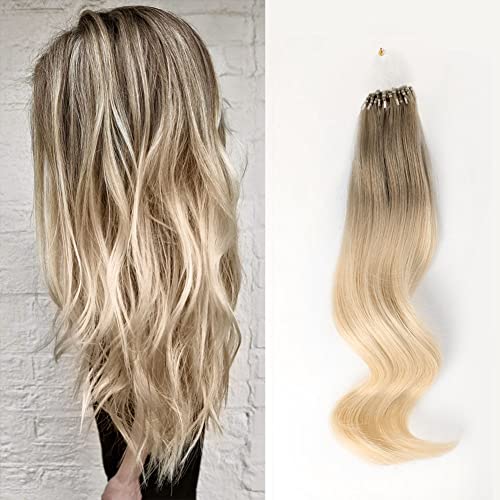 ABH AmazingBeauty Hair Micro Links Hair Extensions Human Hair Ash Brown Ombre Platinum Blonde Hair Extensions Micro Ring Ombre Blonde 50G 50S Micro Loop Hair Extensions Balayage Blonde 14 Inch