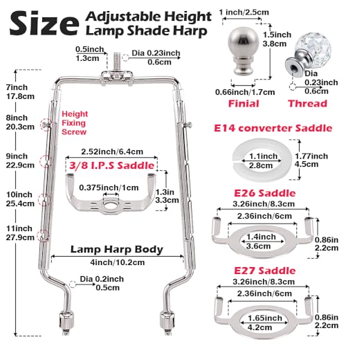 Asjeumt 8 9 10 11 inch Nickel Lamp Shade Harp Holder, Adjustable Height Harp Kit with Crystal & Metal Finial, DIY Replacement Making Repair Lampshade Bracket E14 E26 E27 Adapter Base Table Floor Light by Asjeumt - Image 2