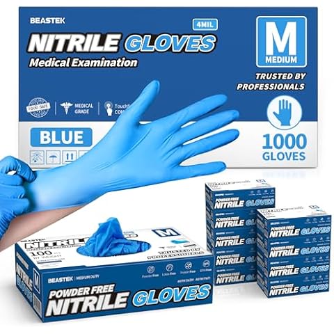 Beastek Medical Nitrile Exam Gloves, 4.0 Mil, 1000 Pcs Powder-Free Latex-Free Non-Sterile Food Safe Disposable Glove, Blue (Medium) Cover