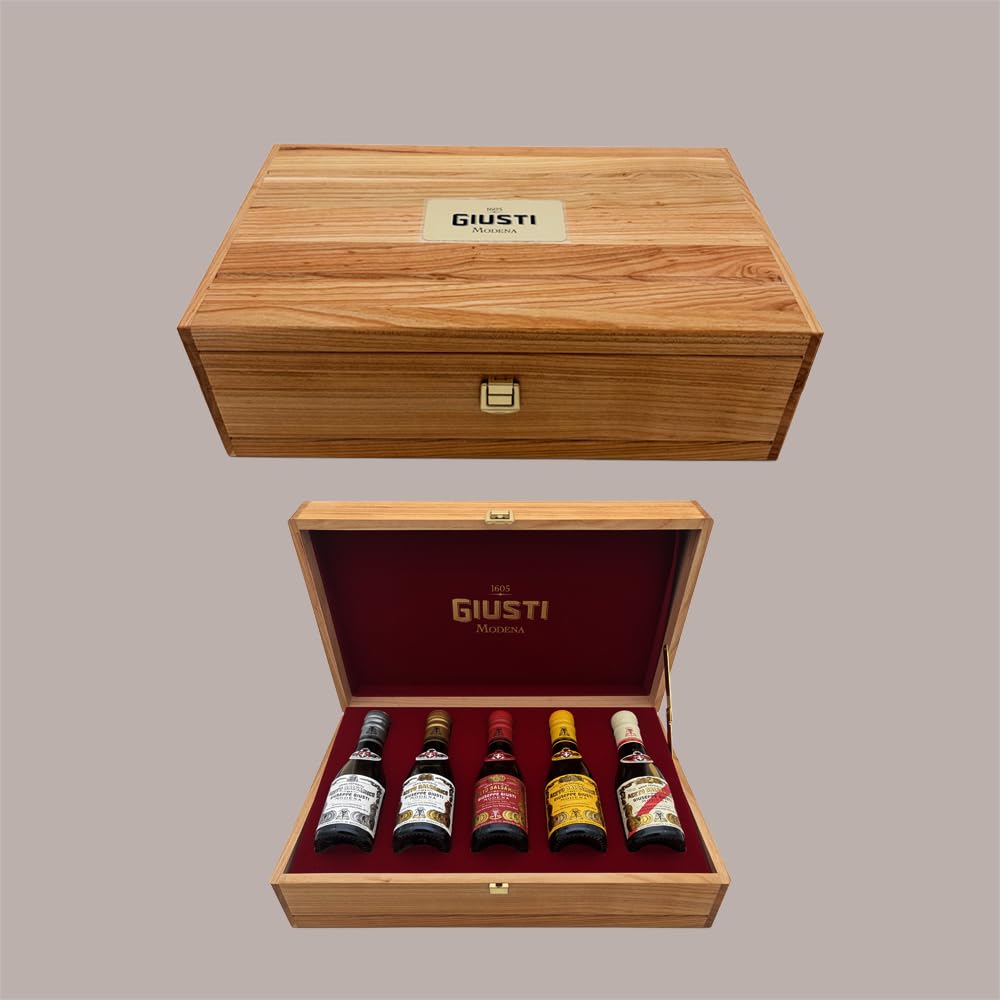 Cofanetto Regalo in Legno Set 5 Bottiglie Aceto Balsamico Giusti 100 ml Lucgel