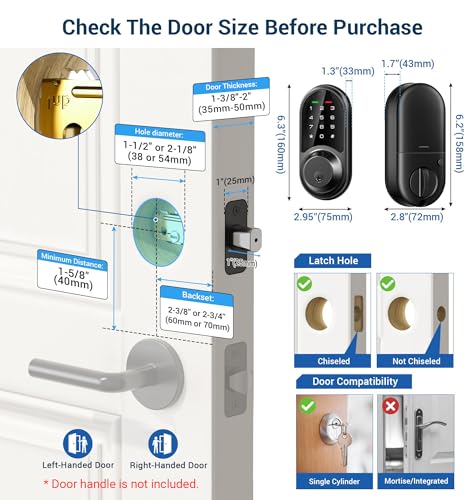 Image of Veise RZ06 Smart Lock for Front Door with App Control, Matte Black