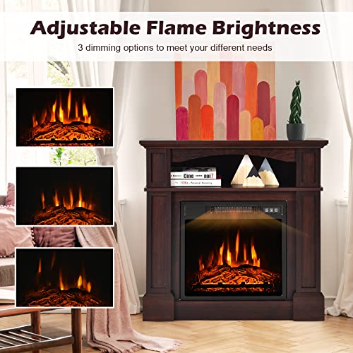 Goflame 32" Electric Fireplace With Mantel And Remote Control, Freestanding Heater With 3-Level Adjustable Flame Brightness And Overheat Protection, Wooden Mantel With Open Compartment, 1400W (Brown) #TOP1
