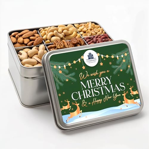 Personalized Nuts Gift Basket, Custom Assorted Nuts Gift Box for Christmas, 6 Sectional Gourmet Mixed Nuts in Rectangle Tin, 2 lbs. (Design 9)